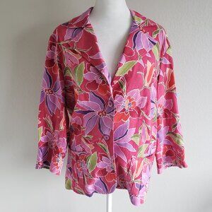 Coldwater Creek Linen BLend Lightweight Jacket Bright Artsy Floral Pocket Size M